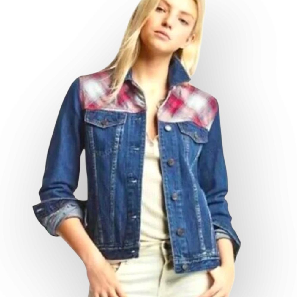 🧥 Denim Jacket | Plaid Detail | Medium Wash | Classic Fit | Size XL